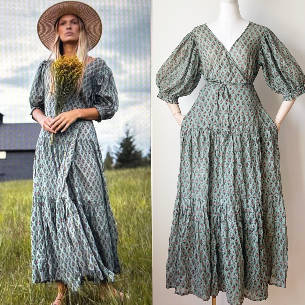 Daughters Of India Zuri Sage Wrap Dress Medium gauzy boho hippie block print